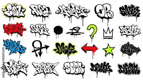 Collection of diverse graffiti tags words and symbols with dripping paint effect.
