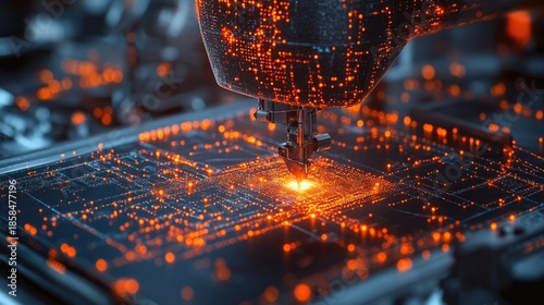 Digital sewing machine with glowing data stream symbolizes the integration of artificial intelligence into garment stitching and sewing processes.