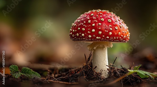 A vibrant red and white spotted mushroom emerges from the forest floor, showcasing nature's intricate beauty and delicate fungi life