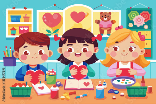 Happy children making heart crafts in a colorful classroom setting with art supplies and decorations