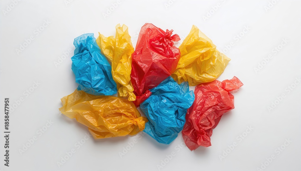 Fototapeta premium Brightly colored single-use plastic shopping bags stacked on a plain white surface, highlighting environmental impact discussions