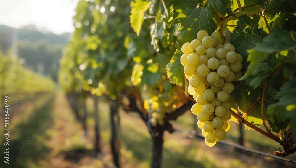 Fototapeta premium Grapes growing on a vineyard branch ready for picking, highlighting agricultural activity