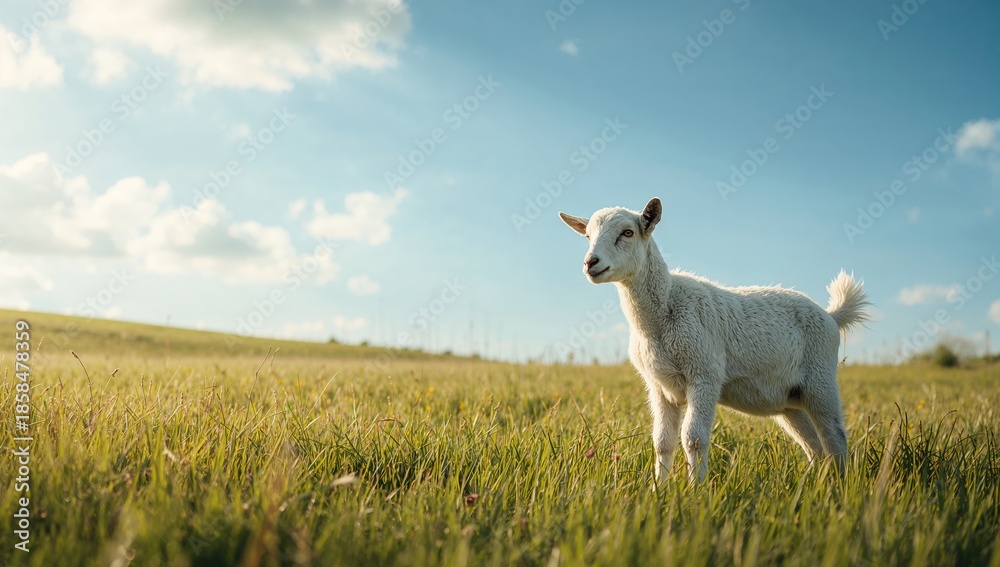 Fototapeta premium Goat feeding on grass in open field, highlighting livestock activity and natural environment