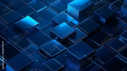 Abstract 3D blue glass blocks with metallic reflections, futuristic technology grid background for data and innovation.