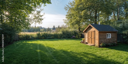 Small wooden shed in a backyard of a house, serving as a storage or utility space, typical of suburban landscaping