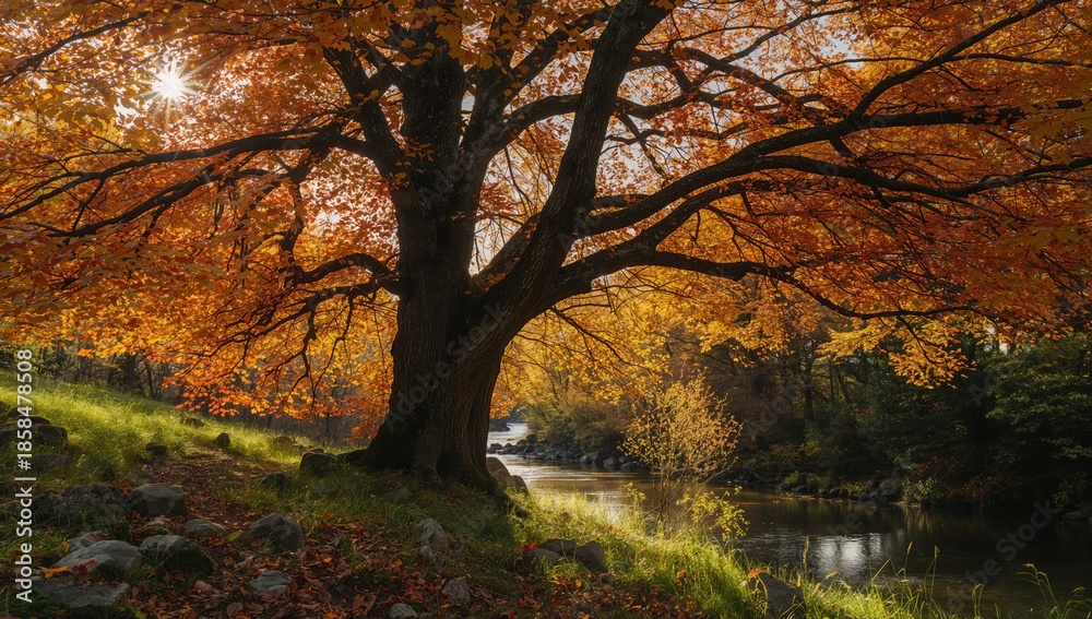 Fototapeta premium Fall woodland scene featuring massive rocks, trees, and leaf fall, highlighting seasonal transition
