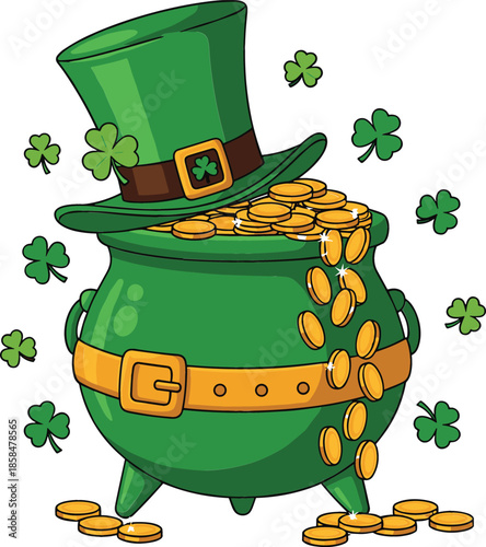 St Patricks Day pot of gold with green leprechaun hat and lucky shamrocks vector cartoon illustration