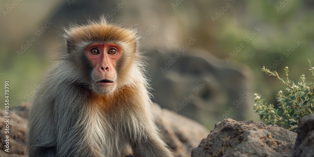 Fototapeta premium Portrait of a baboon highlighting detailed facial fur and emotional cues, wildlife observation