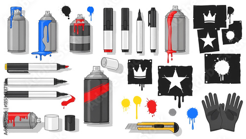 Graffiti Art Tools Collection: Spray Paint Cans Markers Stencils and Utility Knife Set.