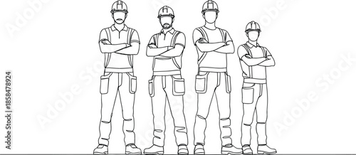 Continuous line art of construction worker team in hard hats and safety vests for industrial engineering concept