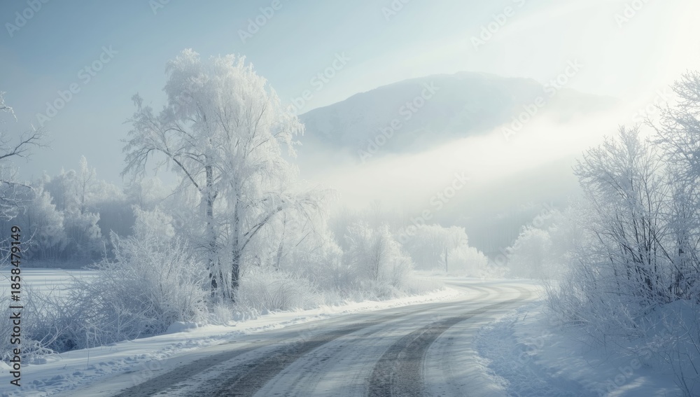 Fototapeta premium Frosty winter scene with fog and trees, highlighting seasonal transition