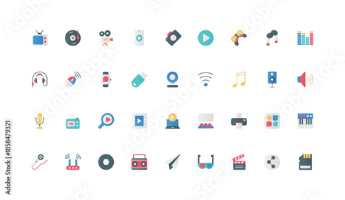 Multimedia devices for photo and video, audio content, cinema color icon set. Music digital equalizer and gamepad, microphone and headphones, webcam and TV, radio flat elements vector illustration