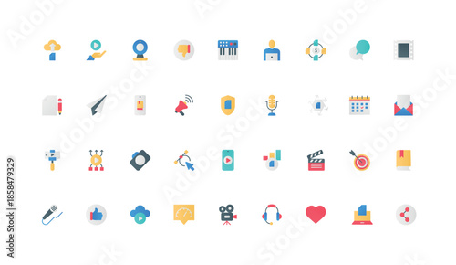 Photo and video project, audio content production color icon set. Digital product advertising and blog of influencer, online marketing and review in social media, flat elements vector illustration