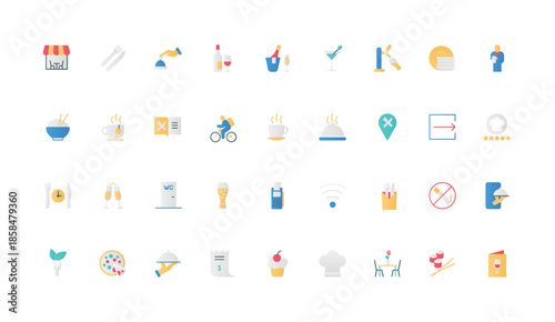 Restaurant food online order and delivery by courier color icon set. Dinner with pizza and meal on plate, waiter service and chefs dish review, coffee and beer flat elements vector illustration