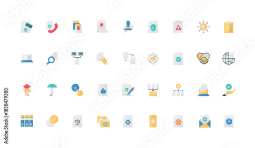 Document and agreement contract, letter and certified certificate with seal approval color icon set. Checklist report with check marks to confirm choice, quality flat elements vector illustration