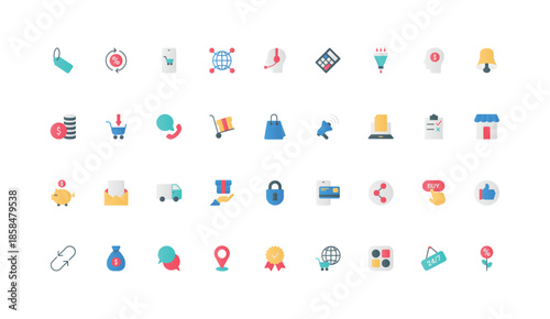 Ecommerce, marketing campaign for online store sales icon set. Buy button, shopping cart on mobile phone screen, operator support service, gift and order delivery flat elements vector illustration