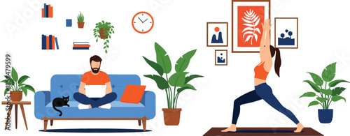 Man Working on Laptop on Sofa and Woman Practicing Warrior I Yoga Pose in Cozy, Plant-Filled Home Office or Living Room
