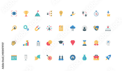 Motivation and ambition of corporate company leader, leadership strategy and partnership color icon set. Career management, vision and briefcase of businessman flat elements vector illustration