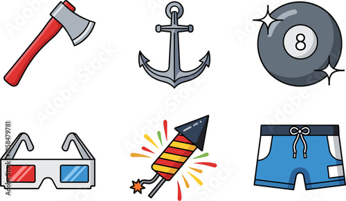 Summer Fun Icon Set: Beach, Games, and Relaxation