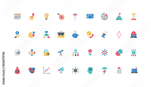 Development strategy for enterprise, startup project, corporate company color icon set. Financial analytics and time management, profit growth, risk insurance flat elements vector illustration