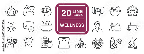 Collection of Wellness Line Icons Representing Health and Holistic Well Being for Use in Healthcare and Lifestyle Design Projects Approximately 200 Characters