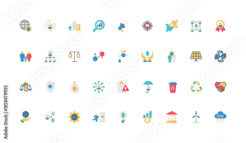 ESG criterias, Environmental, social, and governance, corporate ethics and society strategy color icon set. Ecology protection, sustainable technology, responsibility flat elements vector illustration