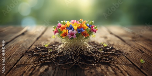 Young flower plants showing root systems in a circular formation on wooden background, for gardening or landscaping projects
