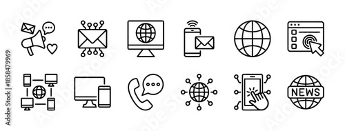 Communication and connection vector icon set black line art style digital graphic collection representing global network internet marketing social media online message