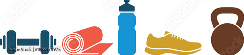 Fitness equipment illustration dumbbells running shoes kettlebell and water bottle