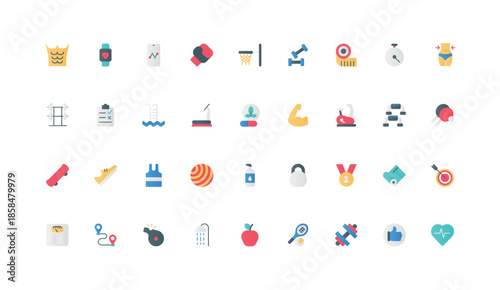 Sports and exercise for body health and weight control, gym equipment color icon set. Fitness training, sportswear and medal, healthy food, yoga and cardio workout flat elements vector illustration