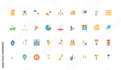 Wine making and winery, grape vine and leaf, sommelier color icon set. Bottle and glass of alcohol drink menu, barrel of cellar, luxury wine and champagne review flat elements vector illustration