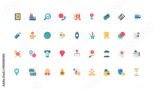 Economy, financial transfer, online bank payment and deposit color icon set. Money box and exchange, ATM and calculator, gold and diamond in safe, credit card flat elements vector illustration