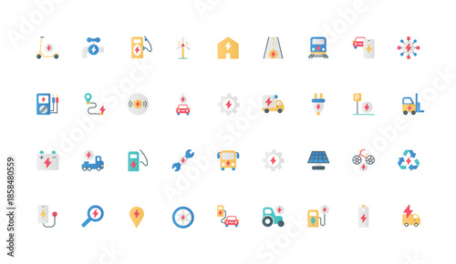 Electric energy and power production, fuel color icon set with lightning. Electro scooter and bike, car charger and repair station, parking and plug, battery flat elements vector illustration