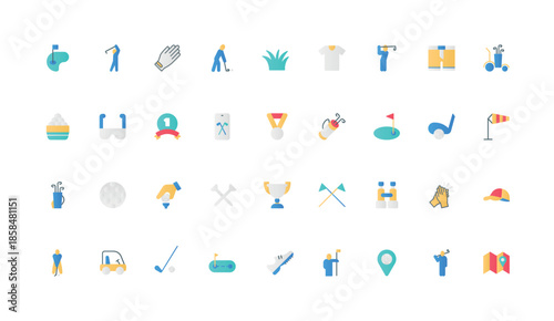 Golf club, sport tournament and leisure color icon set. Ball and hole, golf grass course and equipment of golfer, accessories of player, flag and cart, trophy cup flat elements vector illustration