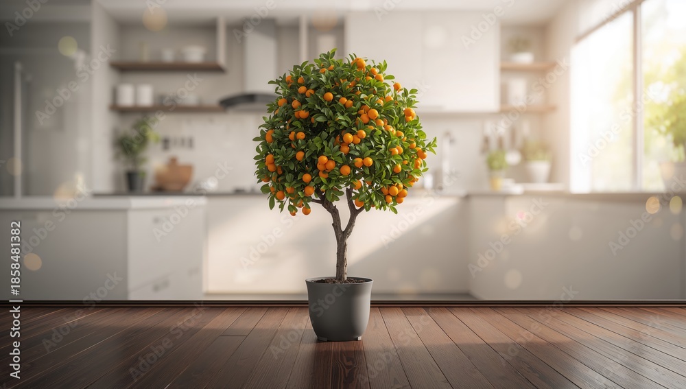 Fototapeta premium Close-up of a potted kumquat tree indoors showing ripening fruits, used as a decorative plant for urban gardening, World Environment Day