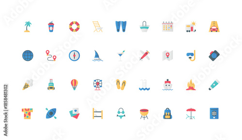 Travel, beach holidays and summer vacations, hotel tourism color icon set. Umbrella and palm tree of tropical island, bikini and picnic food, airplane, sunscreen flat elements vector illustration