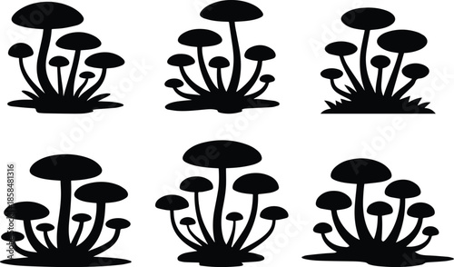 Set of Minimalist black mushroom patch and cluster silhouette vector icon