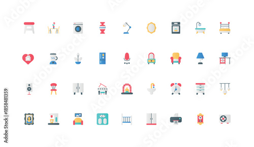 Home furniture, sanitary equipment and interior decor items color icon set. Sofa and armchair, air conditioning and lighting, green plants and vase for comfort flat elements vector illustration