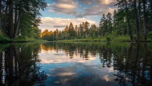 Serene water surface with mirror-like reflection serving as a backdrop for layout or editorial content, highlighting peacefulness