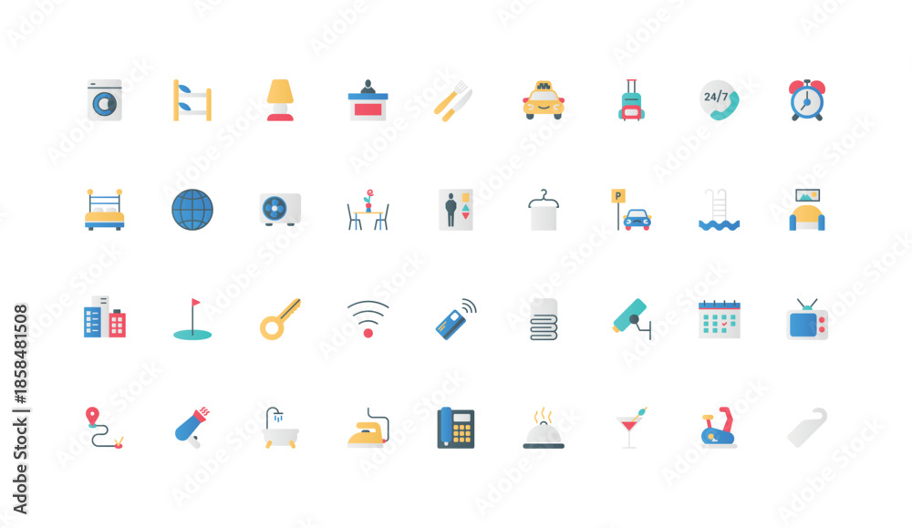 Fototapeta premium Hotel hospitality, booking and accommodation of tourists in room, cleaning service color icon set. Parking and elevator, taxi call at reception, TV and bed, key flat elements vector illustration