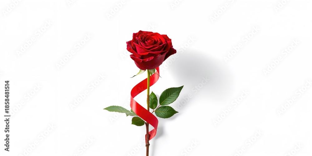 Fototapeta premium Lonely red flower with lush petals and decorative ribbon, ideal for bouquet design or special occasions, Mother's Day