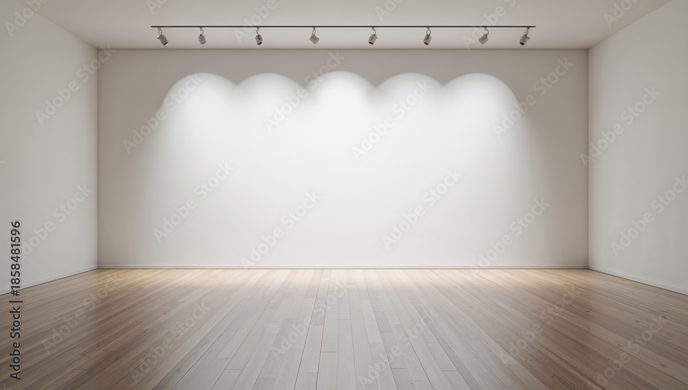 Empty gallery interior with white walls illuminated by spotlights, designed for exhibition or presentation purposes