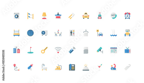 Hotel hospitality, booking and accommodation of tourists in room, cleaning service color icon set. Parking and elevator, taxi call at reception, TV and bed, key flat elements vector illustration