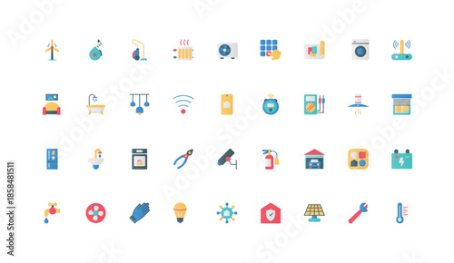 Home utility services, electricity, heat and water supply, garage for car color icon set. Energy consumption meter, battery and climate control, access and security flat elements vector illustration