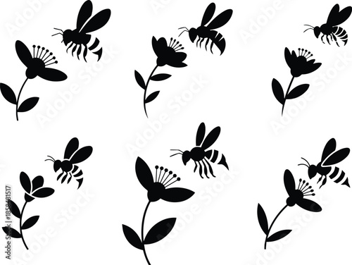 Set of Minimalist black bee flying towards a flower silhouette vector icon