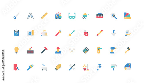 Home repair and maintenance, handyman workers tools and renovation materials color icon set. Builders and electricians toolbox, building brick wall and plumbing flat elements vector illustration