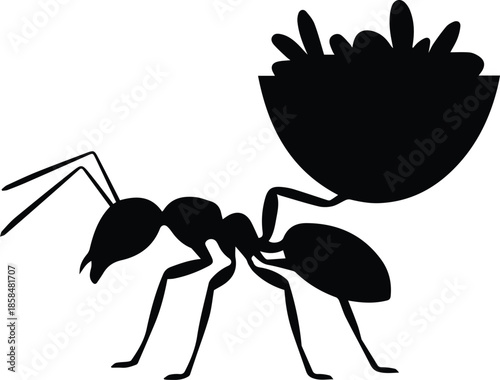 Minimalist black ant carrying food silhouette vector icon