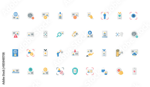 Personal documents, ID card and passport to check citizens identity color icon set. Biometric access, membership certificate, badge on lanyard, digital identification flat elements vector illustration