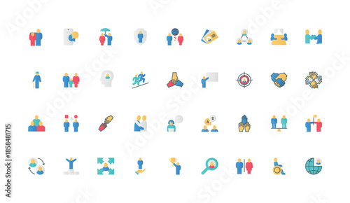 Community of people, human society communication, employees team and family color icon set. Social inclusion and gender, handshake of partnership, members of group flat elements vector illustration