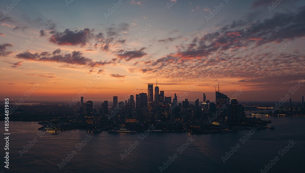 Naklejka premium Sunset over a city skyline, urban horizon for layout backdrop, Earth Day